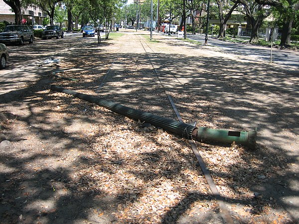 Fallen pole across St. Charles streetcar tracks.