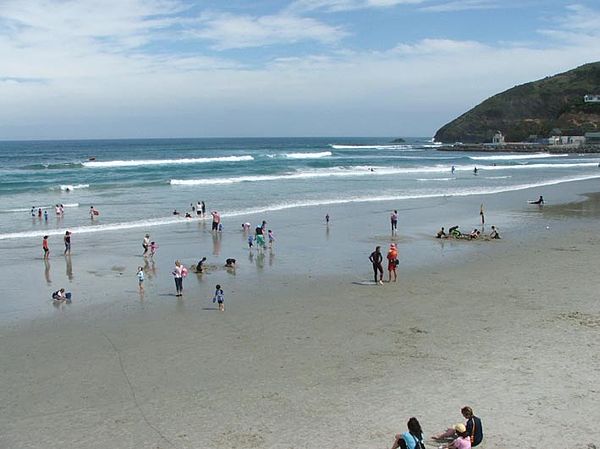 St Clair Beach, with the head of Forbury Hill in the background. The swimming pool is visible close to the ocean's edge at top right.