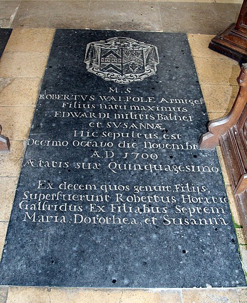 Ledger stone of Robert Walpole (1650–1700), Church of St Martin of Tours, Houghton, Norfolk. Showing arms of Walpole impaling Burwell