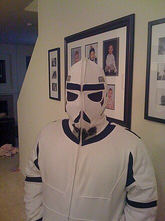 Hoodie that zips all the way to the top of the hood to look like a stormtrooper, with the black patches over the eyes & mouth being a mesh Storm trooper hoodie.jpg