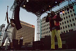 The Sugarhill Gang used disco band Chic's "Good Times" as the source of beats for their 1979 hip hop hit "Rapper's Delight". Pictured is the Sugarhill Gang at a 2016 concert. Sugarhill Gang Tour, 2016 (2).jpg