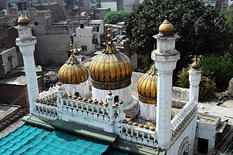 The Sunehri Mosque was built in the Walled City of Lahore in the early 18th century, when the Mughal Empire was in decline. Sunehri masjid top view 2.JPG