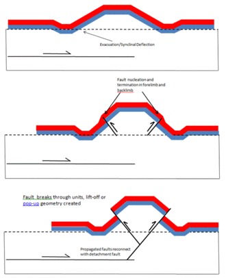 Figure 4. Schematic depicting faulting of a symmetric detachment fold. The result of continued limb rotation and compression is the formation of faults in the forelimb and backlimb of the fold. Eventually these faults reconnect with the detachment and a pop-up may occur. Symmetric Detachment Faulting.GIF