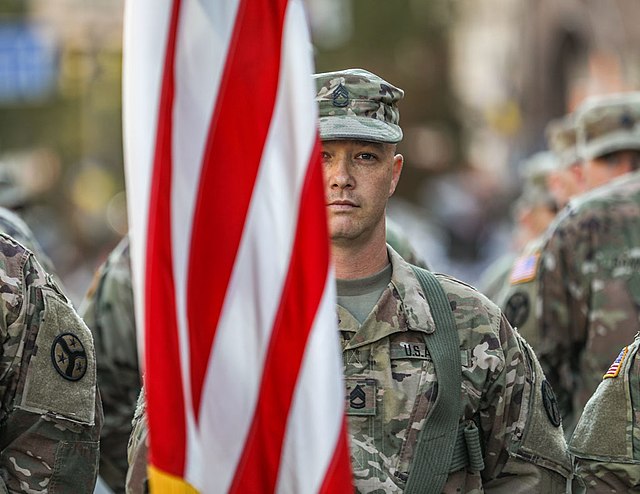 Sfc. Brian Lamm of the Tennessee Army National Guard stands in formation during the Ukrainian Independence Day parade in Kyiv, August 24, 2018