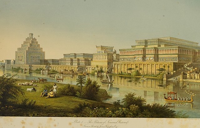 1853 restoration of what the city of Kalhu, Ninurta's main cult center in the Assyrian Empire, might have originally looked like, based on the excavat