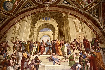 The School of Athens by Raphael portrays Ancient Greek rhetoricians and philosphers congregating. At the center are Aristotle and Plato.
