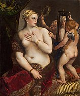 提香的《照鏡子的維納斯（英语：Venus with a Mirror）》，124.5 × 105.5cm，約作於1555年，原為沙皇尼古拉二世的收藏，後藏於艾米塔吉博物館，於1930年代展轉由安德魯·威廉·梅隆購得。[31]