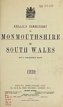 Title page of the 1920 Kelly's Directory of Monmouthshire and South Wales Title page of Kellys Directory Monmouthshire and S Wales, 1920.jpg