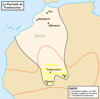 ソンガイ帝国（赤の輪郭）内のモロッコのサアド朝（黒の輪郭）の一部としてのトンブクトゥ・パシャ国（黄色の縞模様）の地図。c1591