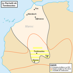 Map of the Pashalik of Timbuktu (striped) as part of Morocco, late 16th century.