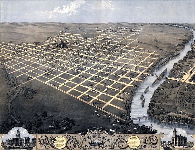 An 1869 bird's-eye illustration of Topeka