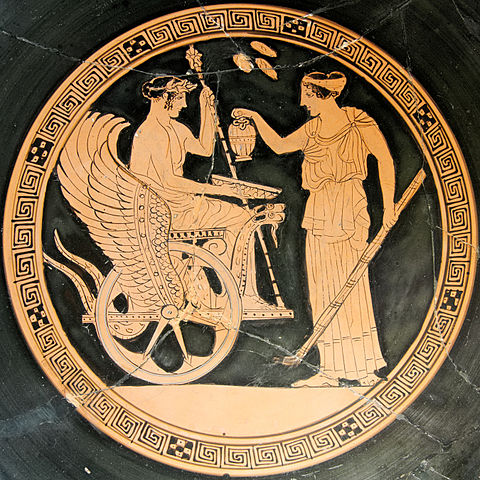 Triptolemus and Kore, tondo of an Attic red-figure bowl by the Aberdeen Painter, c.470/60 BC. (Louvre, Paris)