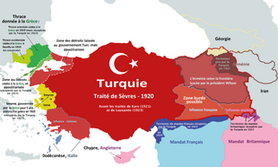 Carte montrant les modifications de frontière de la Turquie, en bleu foncé les gains de la Grèce, en violet ceux de la France, en rouge le Royaume-Uni et en bleu clair l'Arménie