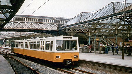 Tynemouth station, with Metro train, 1980, geograph 5317028 by Walter Dendy, deceased