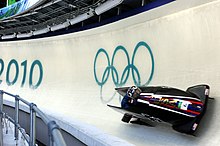 Steve Holcomb and Curtis Tomasevicz aboard USA I in the first run of the two-man bobsled competition. USA I in heat 1 of 2 man bobsleigh at 2010 Winter Olympics 2010-02-20.jpg