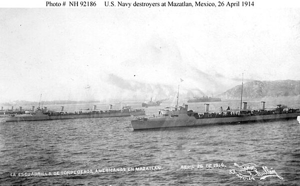 USS Truxtun and Whipple at Mazatlan, April 26, 1914, keeping watch on Mexican gunboat Morales (two-funnel ship in background)