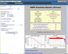 Figure 2. Screen capture of one of the WEPP web-based interfaces for simple hillslope profile simulations. Inputs for and results from a 30-year model run are shown. WEPP Figure2.png