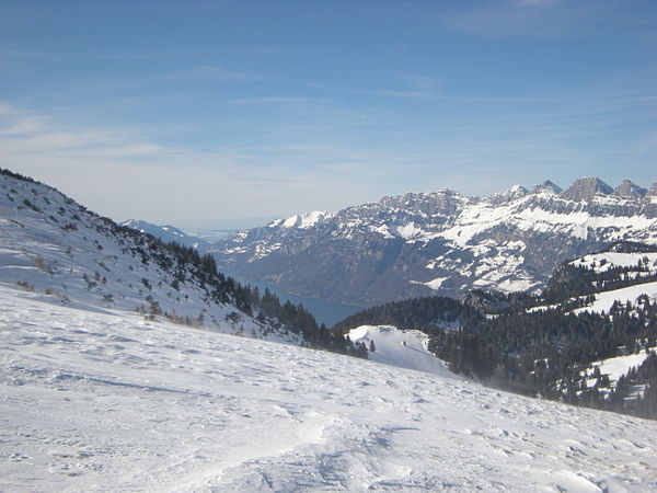 View from Chamm, the ridge between Palfris and Tschggen alps (1,710 m, 5,610 ft), looking west-northwest towards Walensee.