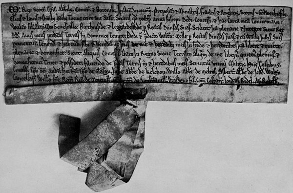 Walter's charter of Birkenside, Legerwood and Mow from Malcolm IV, King of Scotland