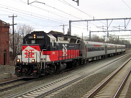 A Shore Line East train with equipment painted in New York, New Haven and Hartford Railroad colors