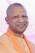 Yogi Adityanath, who has been accused of practicing Muscular Hinduism as the Chief Minister of Uttar Pradesh. Yogi Adithyanath in Uttar Pradesh 2023.jpg