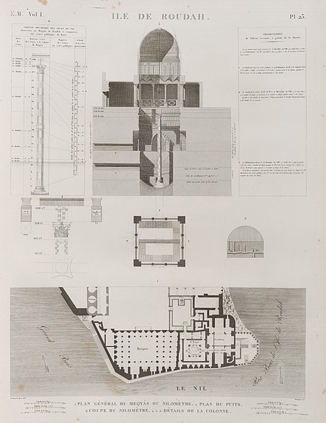 Pl.23 - 1. Plan général du meqyâs ou nilomètre 2. Plan du puits 3. Coupe du nilomètre 4-6. Détails de la colonne