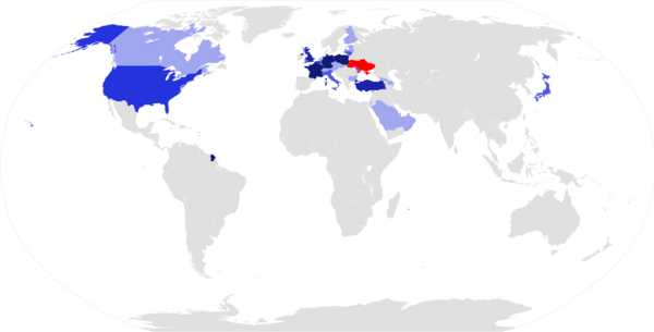 Map of international trips made by Volodymyr Zelenskyy as president, as of July 2023:
.mw-parser-output .legend{page-break-inside:avoid;break-inside:avoid-column}.mw-parser-output .legend-color{display:inline-block;min-width:1.25em;height:1.25em;line-height:1.25;margin:1px 0;text-align:center;border:1px solid black;background-color:transparent;color:black}.mw-parser-output .legend-text{}
1 visit
2 visits
3 visits
4 visits
5+ visits
Ukraine Karta mezhdunarodnykh poezdok Prezidenta Ukrainy V. Zelenskogo.png