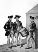 Гобоист, барабанщик и флейтист мушкетёрского Цеге-Фон-Мантейфеля полка, 1756 — 1760 годов.
