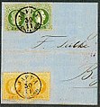 Part of cover from JAFFA to Beirut, with pairs of 3 and 2 soldi issue 1867. Type aEz (25x2 points). Mi1I & 2I
