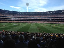 The ground moments before the first bounce. Hawthorn are in predominantly gold and West Coast are wearing predominantly blue. 2015 AFL Grand Final opening bounce.jpg