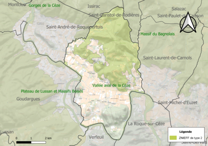 Carte des ZNIEFF de type 2 sur la commune.