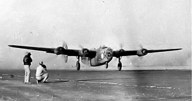 B-24 Liberator of the 376th Bomb Group taking off from a Libyan base, 1943