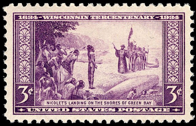 The 300th anniversary of Nicolet's landing in 1634 is commemorated on a U.S. stamp, issued by the U.S. Post Office in 1934