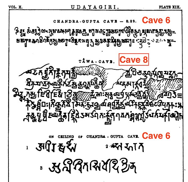 Cave 6 and Cave 8 inscriptions at Udayagiri Caves mention the rule of Chandragupta II.