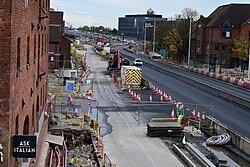 Looking east along the future route of the segregated roadway from Ferensway to Lowgate on Castle Street, photographed from Murdoch's Connection in Kingston upon Hull.