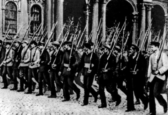 Anarchist soldiers of the Black Guards marching in formation