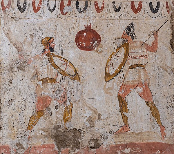 Duel of Lucanian warriors, fresco from a tomb of the 4th century BC.