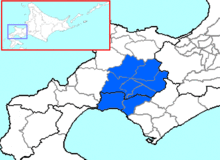 Mappa a due colori che mostra l'ubicazione del distretto di Abeba nelle sotto-prefetture di Shiribeshi e Iburi.