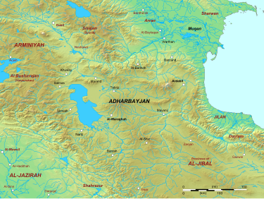 Map of Azerbaijan in the 9th-century. Adharbayjan Ninth Century.svg