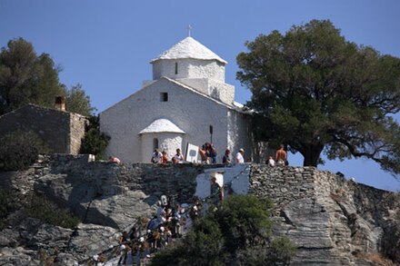 The Agios Ioannis chapel during filming of the wedding scene for Mamma Mia!.