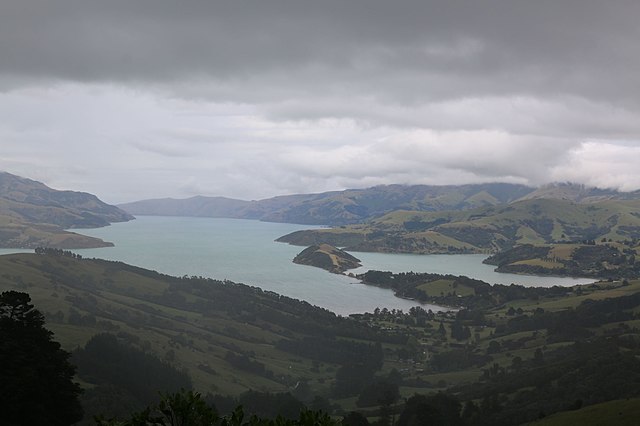 Akaroa Harbour, Banks Peninsula with storm clouds overhead (December 2020)