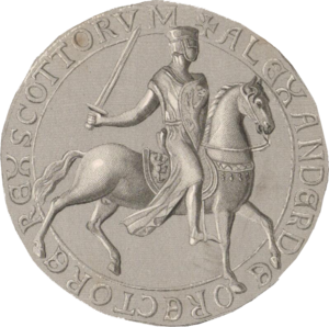 Reverse side of the circular seal used by Alexander the Second, showing the King, in full armour, seated on horseback. The upright Lion symbol is shown upon both the saddle and the shield held by the King.