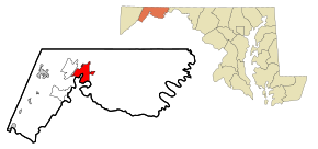 Allegany County Maryland Incorporated and Unincorporated areas Cumberland Highlighted.svg