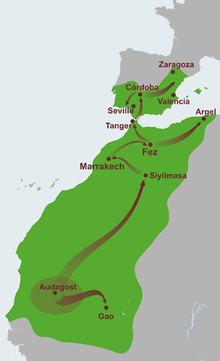 The Almoravid empire at its height stretched from the city of Aoudaghost to the Zaragoza in Al-Andalus Almoravid Empire.png