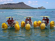 Human-powered watercraft, aqua-cycle water trikes in the Pacific Ocean with Diamond Head, Hawaii in the background. Aqua-Cycle Water Trike.jpg