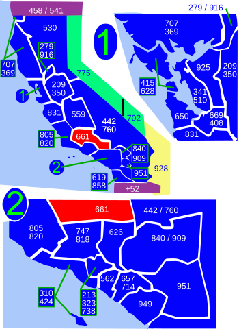 Numbering plan areas in California (blue) and border states. Area code 661 is shown in red. Area code 661.svg