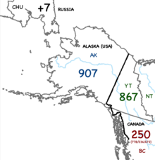 Map of Alaska's area code, 907, as well as the other dialing codes surrounding it. Area code 907.png