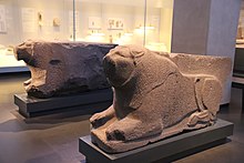 Basalt lions from the Orthostat Temple of Hazor (c. 1500-1300 BCE) Hazor was violently destroyed during the Bronze Age collapse. Basalt Lion, Holy of Holies, Orthostat Temple, Hazor, 15th-13th C. BC (43217868001).jpg