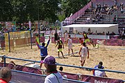 Deutsch: Beachhandball bei den Olympischen Jugendspielen 2018; Tag 4, 10. Oktober 2018; Jungs, Vorrunde, Gruppe A - Spanien-Venezuela 2:0 English: Beach handball at the 2018 Summer Youth Olympics at 10 October 2018 – Boys Preliminary Round Group A – Spain-Venezuela 2:0