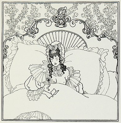 ornate ink-drawn illustration of an elegant lady sitting up in an ornate bed